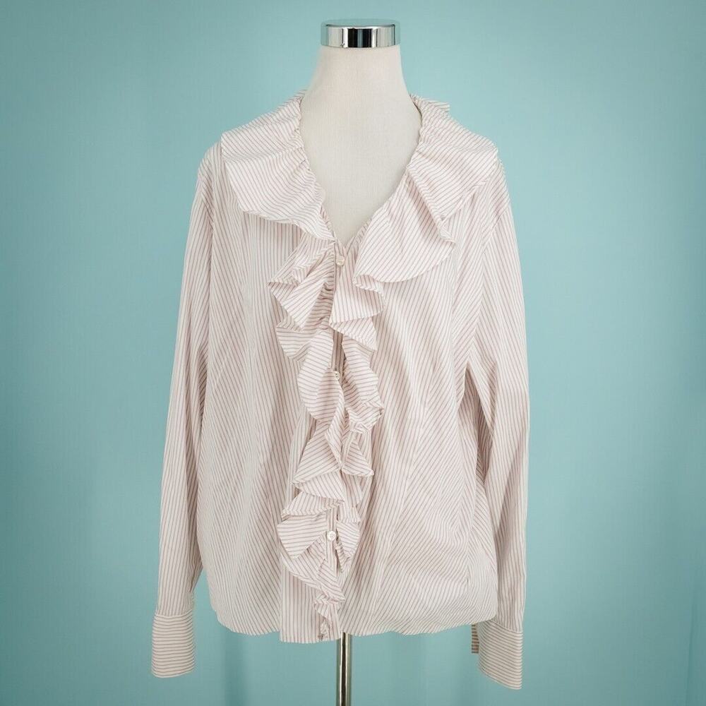 Marina Rinaldo 27 Size 18 US Red Stripe Print Ruffle Collar Placket Button Top